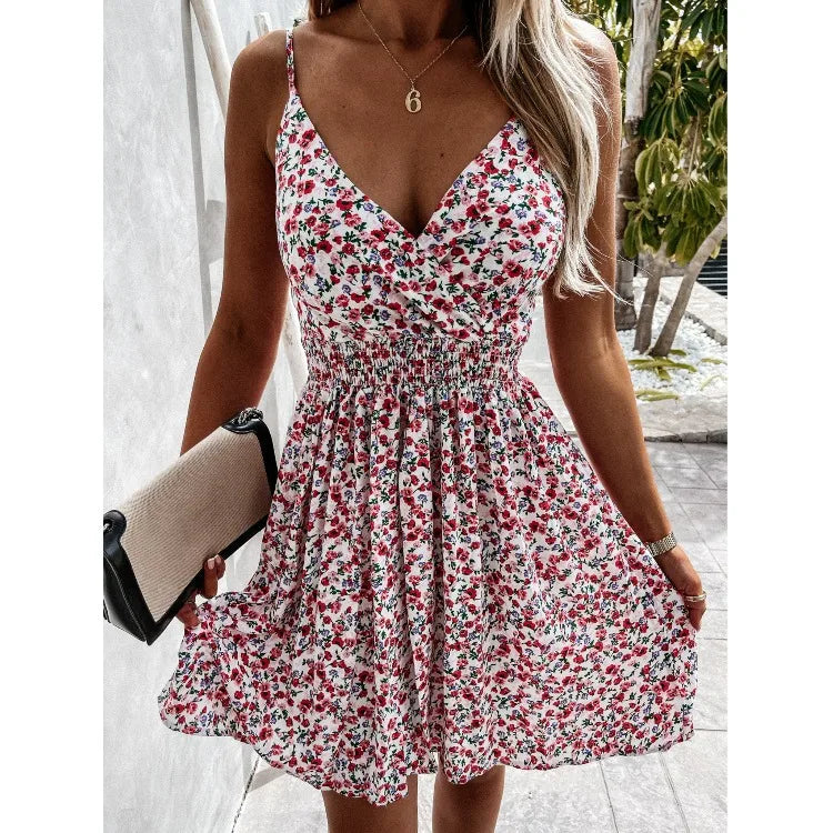 Sexy V Neck Elasticity Waist Floral Ruched a Line Dress Casual Women Summer Bohemian Party Dresses Ladies Clothing