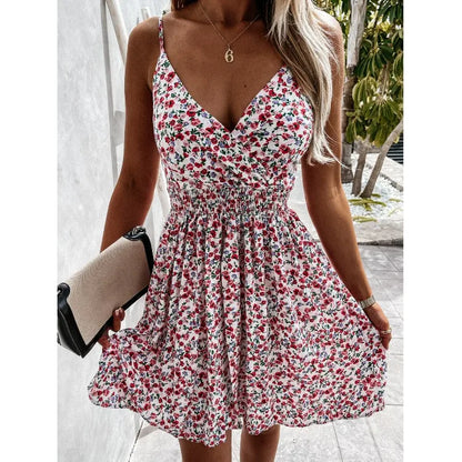 Sexy V Neck Elasticity Waist Floral Ruched a Line Dress Casual Women Summer Bohemian Party Dresses Ladies Clothing