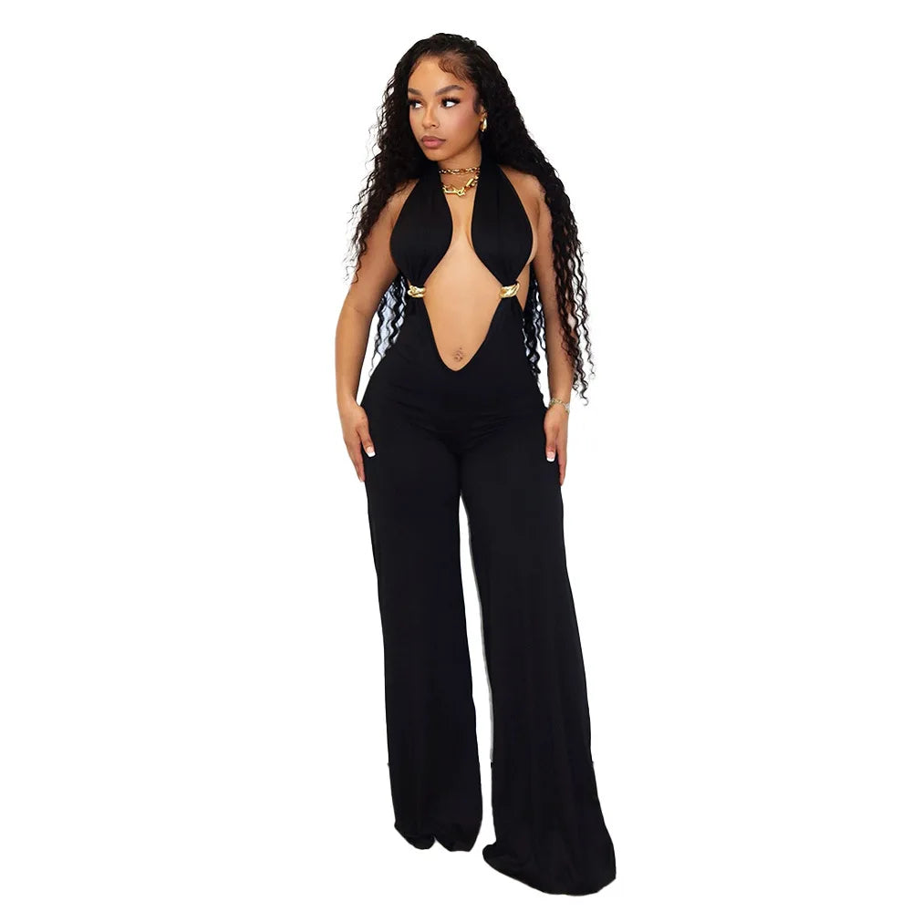 IHOOV Women's Casual IHOOV Deep V Metal-Accent Transformed Wide Leg Pants Jumpsuits for Spring