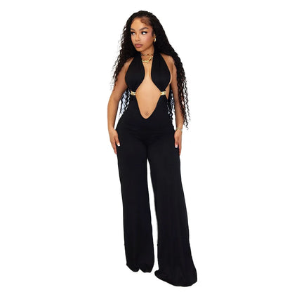 IHOOV Women's Casual IHOOV Deep V Metal-Accent Transformed Wide Leg Pants Jumpsuits for Spring