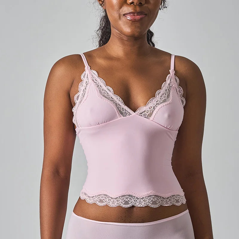 SK1268 Deep V Lace Trim Sleeveless  Cami Top with Nylon Spandex Fabric Mid Stretch Slim Fit Daily Layering Tank