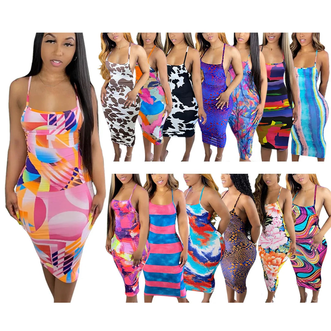 Women's Summer Bodycon Tube Dress Breathable Tie-Dye Sun Beach Color Long Sexy Casual Style