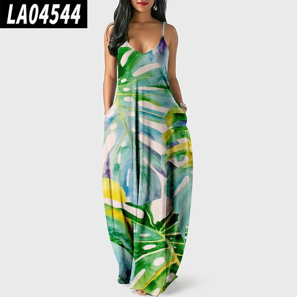 New Arrival Women Summer Clothing Earth Prints Long Maxi Dress Luxury Beachwear Clothes Plus Size 4XL Women's Cami Sun Dresses