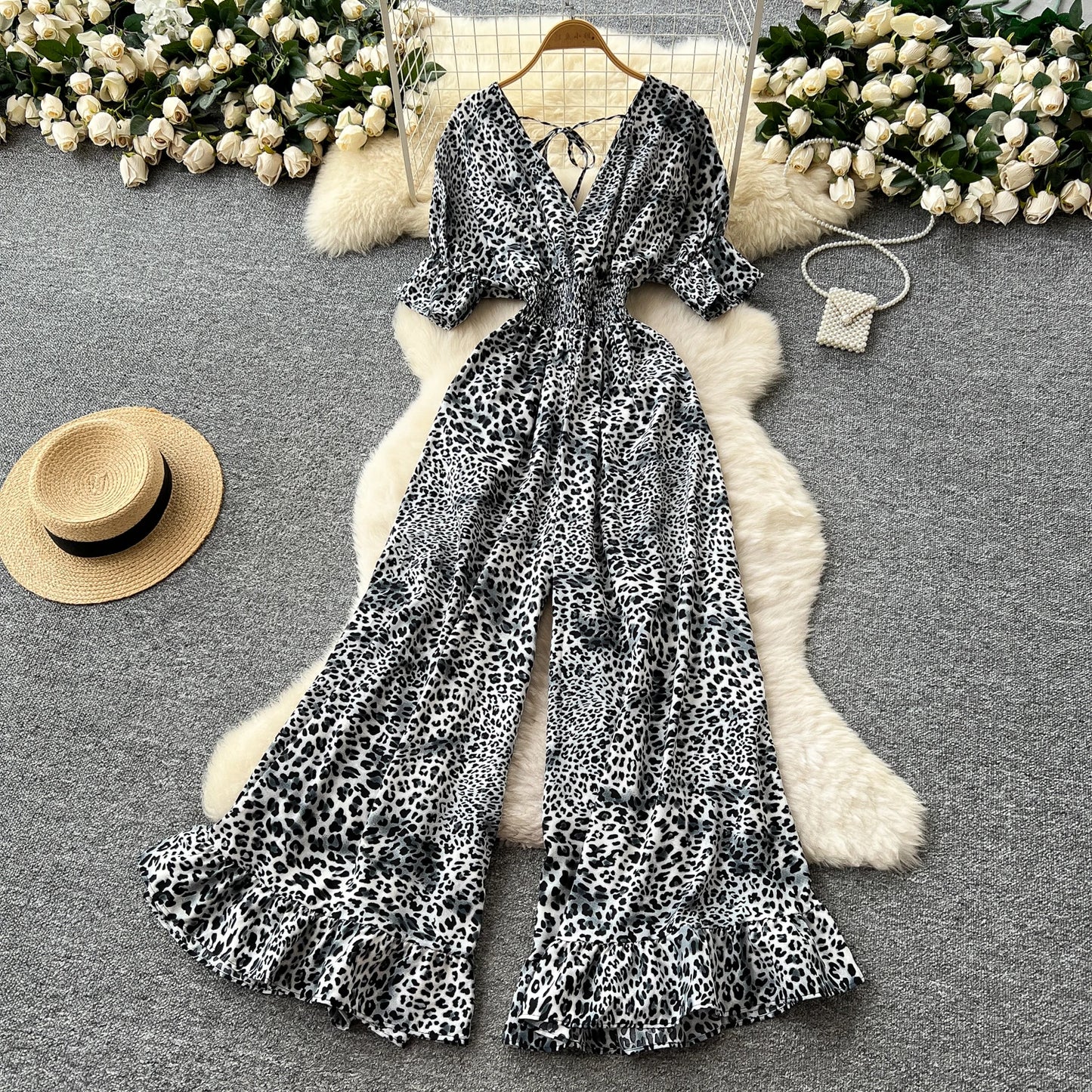 Summer Casual V-Neck Tunic Jumpsuit For Women Flare Sleeve High Waist Leopard Printed Lace Long Jumpsuit Wholesale