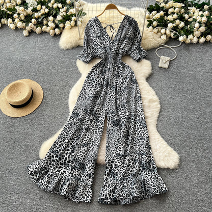 Summer Casual V-Neck Tunic Jumpsuit For Women Flare Sleeve High Waist Leopard Printed Lace Long Jumpsuit Wholesale