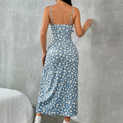 Women's Spaghetti Strap Floral Print Midi Dress, Bodycon Slit Hem Casual Summer Dress