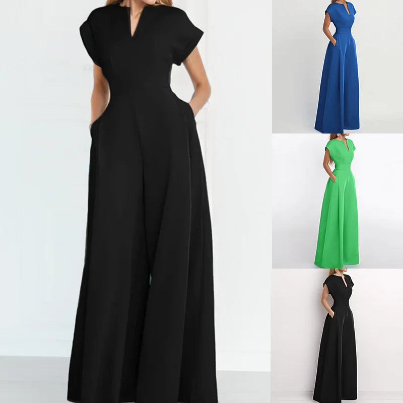 Ready to Ship Women's Loose Jumpsuits Solid Color High Waist V Neck Wide Leg Jumpsuits With Pockets Casual Office Workwear