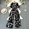 Fashion Short Sleeve V-Neck Casual High Waist Printed Wide Leg Jumpsuit