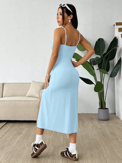 Women's Spaghetti Strap Floral Print Midi Dress, Bodycon Slit Hem Casual Summer Dress