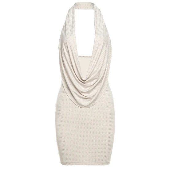 Liu Ming Women's New Arrival Halter V Neck Glitter Backless Evening Mini Dress Y2K Style Diamond Decoration Digital Printing