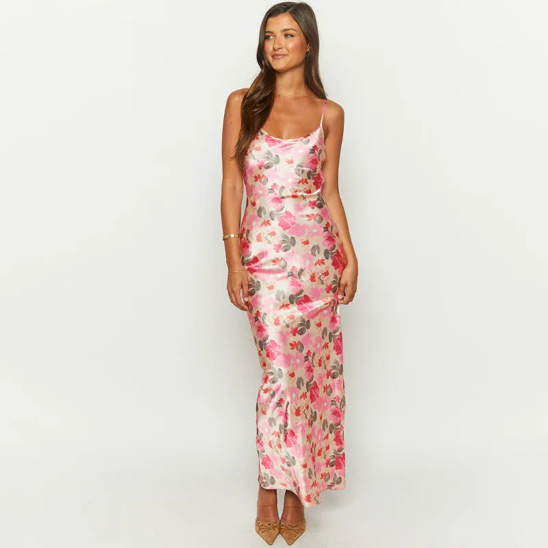 Enyami Women's Summer New Slimming Slim Sexy Backless Sleeveless Printed Sling Flower Women Dress