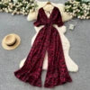 Summer Casual V-Neck Tunic Jumpsuit For Women Flare Sleeve High Waist Leopard Printed Lace Long Jumpsuit Wholesale
