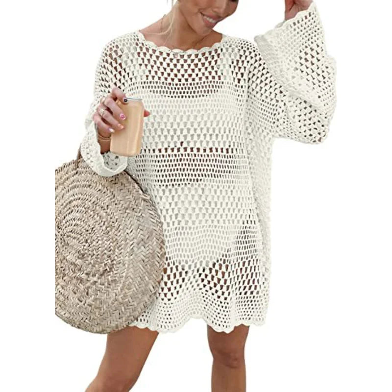 Summer Women's Crochet Swim Cover-Up Knit Pullover Beach Dress Swimwear Bathing Suit for Beach & Pool