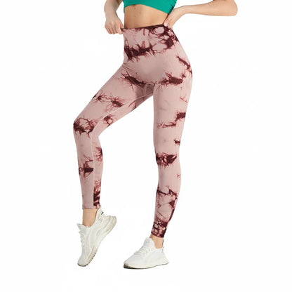 Seamless High Waist Yoga Tights Women Tie-Dye Ruched Butt Lifting Sports Leggings