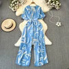 Fashion Short Sleeve V-Neck Casual High Waist Printed Wide Leg Jumpsuit