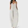 Women's Solid Color Sexy Deep V Neck Suspender Strap Loose Pockets Suspender Skirt