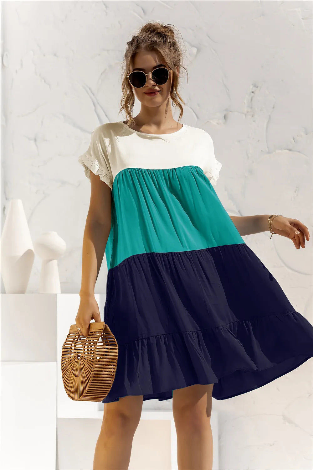 ANSZKTN Spring Summer Pacthwork Hot Selling Color Blocking Short Sleeve Loose Casual Dresses for Women