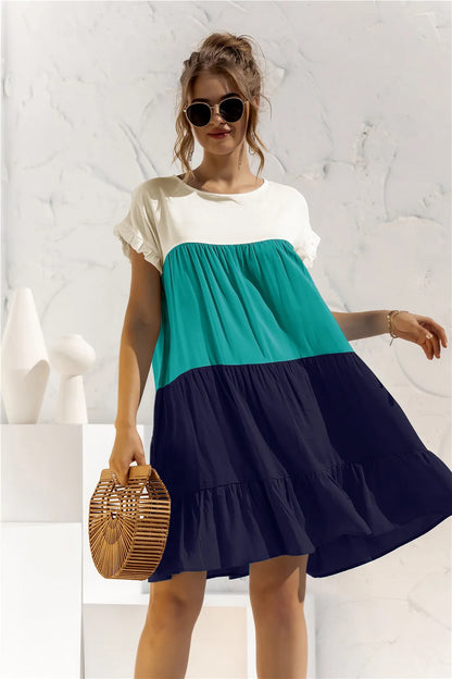 ANSZKTN Spring Summer Pacthwork Hot Selling Color Blocking Short Sleeve Loose Casual Dresses for Women