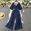 Casual V Neck Slim Jumpsuit for Women Puff Sleeve High Waist Printed Lace Long Jumpsuit Wholesale