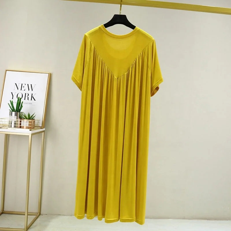 Summer New Women'S Loose Versatile Short-Sleeved Round Neck Nightgown Solid Color Dresses