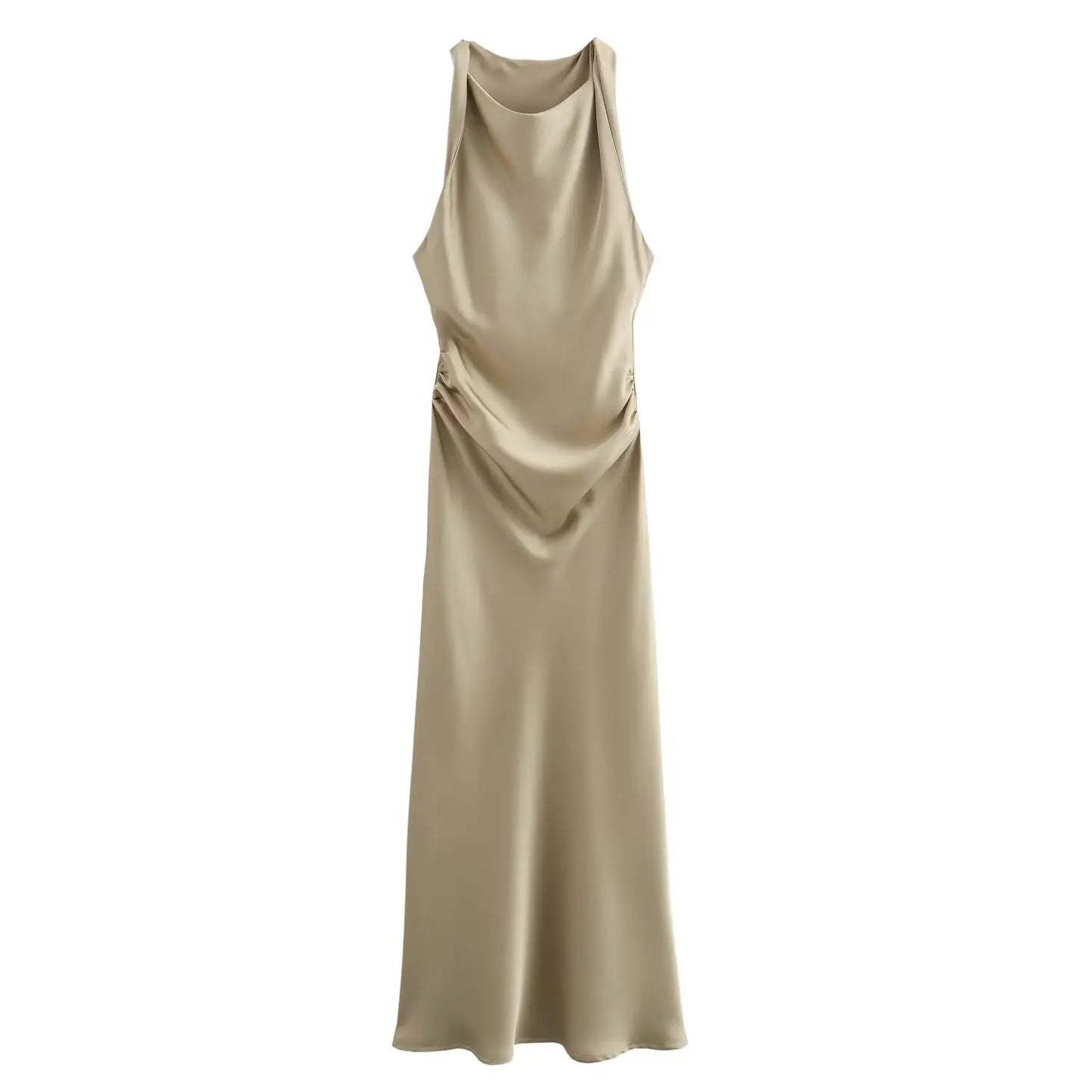 2024  Women's Purple Satin Midi Dress New Sleeveless Slim Pleated Vest Long Skirt Pattern Solid Vestidos Mujer