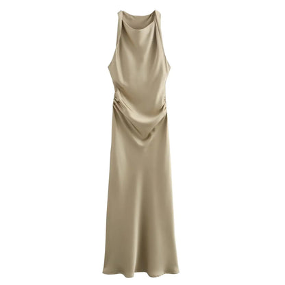 2024  Women's Purple Satin Midi Dress New Sleeveless Slim Pleated Vest Long Skirt Pattern Solid Vestidos Mujer