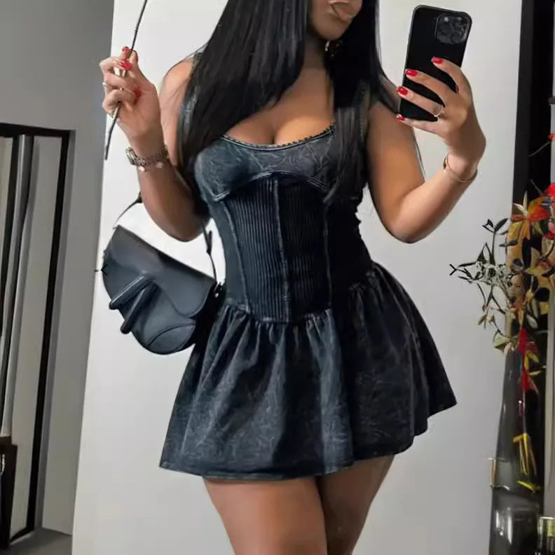 Custom LOGO Women's Fashion Hot 2024 New Summer Fashion Casual Old Hanging Strap Splicing Fluffy Dress