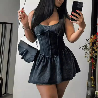 Custom LOGO Women's Fashion Hot 2024 New Summer Fashion Casual Old Hanging Strap Splicing Fluffy Dress