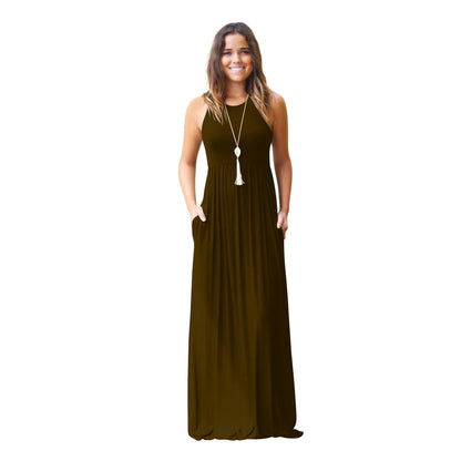 Female Solid Long Boho Dress Lady Beach Summer Sundrss Maxi Dress Women's Sleeveless Solid Color Pocket Dress Vestido De Verano