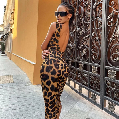 INS Wind New Summer Women's Clothing Ladies Fashion Round Neck Sleeveless Sexy Backless Slim Bodycon Leopard Casual Dresses
