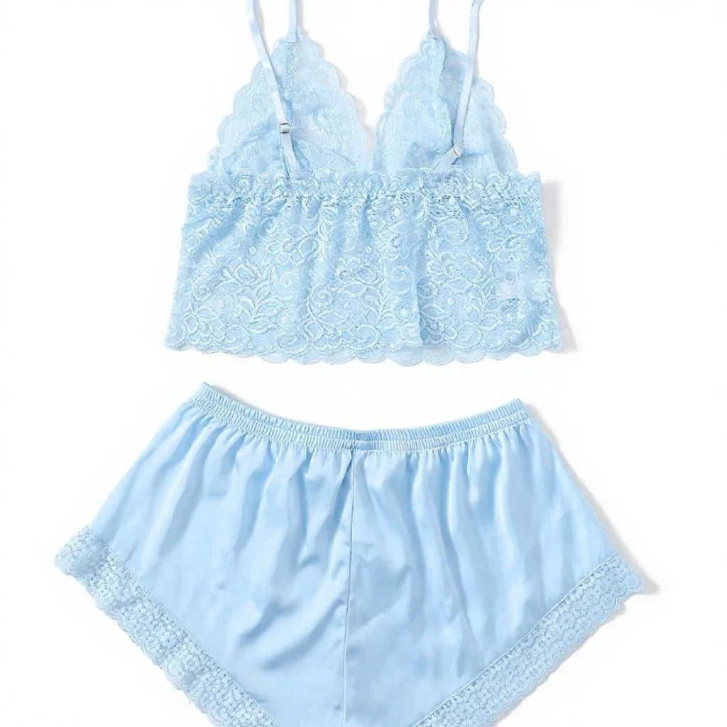 Sexy Sleeveless Collarless Polyester Underwear Women Pure Desire Home Clothes Fashion Comfortable Sling Lace Shorts Pajamas Set