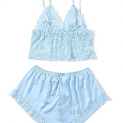 Sexy Sleeveless Collarless Polyester Underwear Women Pure Desire Home Clothes Fashion Comfortable Sling Lace Shorts Pajamas Set