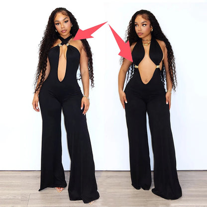 IHOOV Women's Casual IHOOV Deep V Metal-Accent Transformed Wide Leg Pants Jumpsuits for Spring