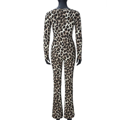 Women Chic Leopard Print Long-Sleeve Jumpsuit Elegant Sexy Design Slim Women Casual Jumpsuits Bodysuits