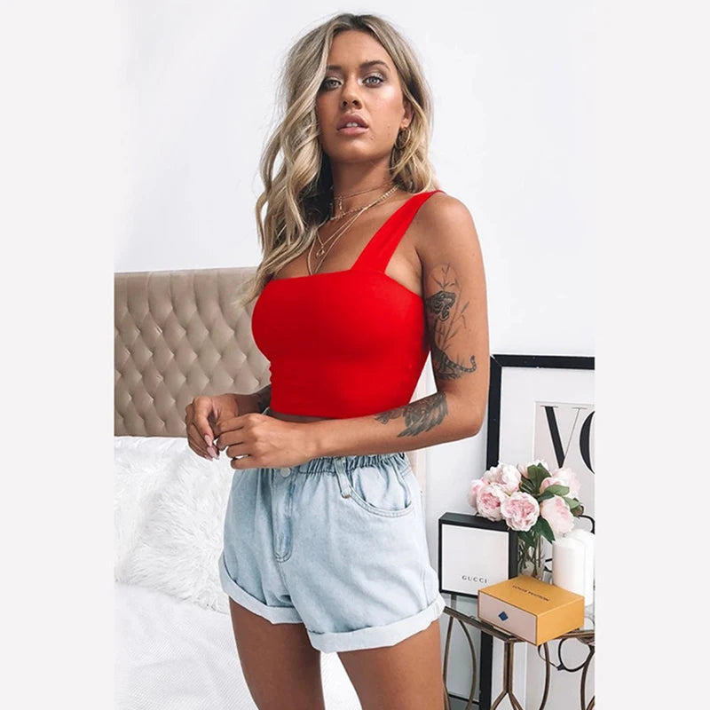 TONGYANG Square Neck Sleeveless Summer Crop Top Women Casual Basic T Shirt Off Shoulder Cami Sexy Backless Tank Top