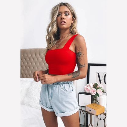 TONGYANG Square Neck Sleeveless Summer Crop Top Women Casual Basic T Shirt Off Shoulder Cami Sexy Backless Tank Top