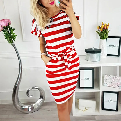 Wholesale New Fashion Women Summer O-neck Short Sleeve Dresses Striped Lace up Belt Waist Slim Casual Knee Length Pencil Dress