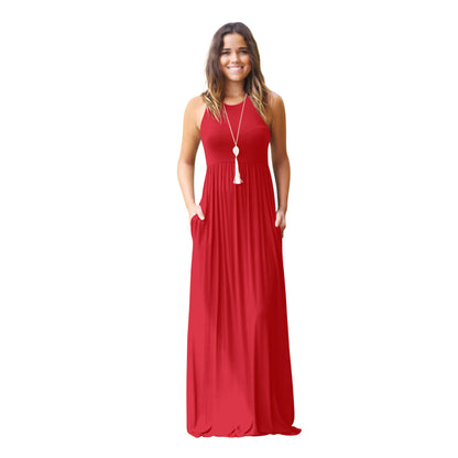 Female Solid Long Boho Dress Lady Beach Summer Sundrss Maxi Dress Women's Sleeveless Solid Color Pocket Dress Vestido De Verano