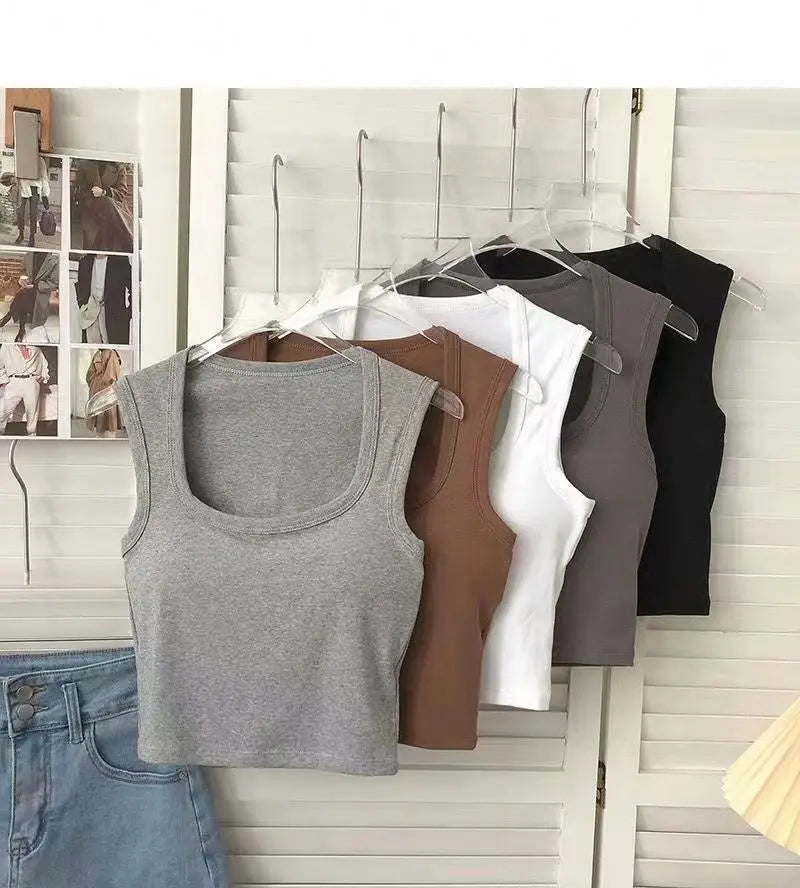 Summer New With Bra Pads square Neck Wide Shoulder Wholesale Women One-piece With Cups Outside Sexy Inside Hot tank Tops