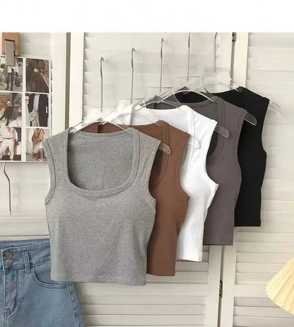 Summer New With Bra Pads square Neck Wide Shoulder Wholesale Women One-piece With Cups Outside Sexy Inside Hot tank Tops
