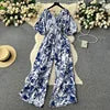 Casual V Neck Slim Jumpsuit for Women Puff Sleeve High Waist Printed Lace Long Jumpsuit Wholesale