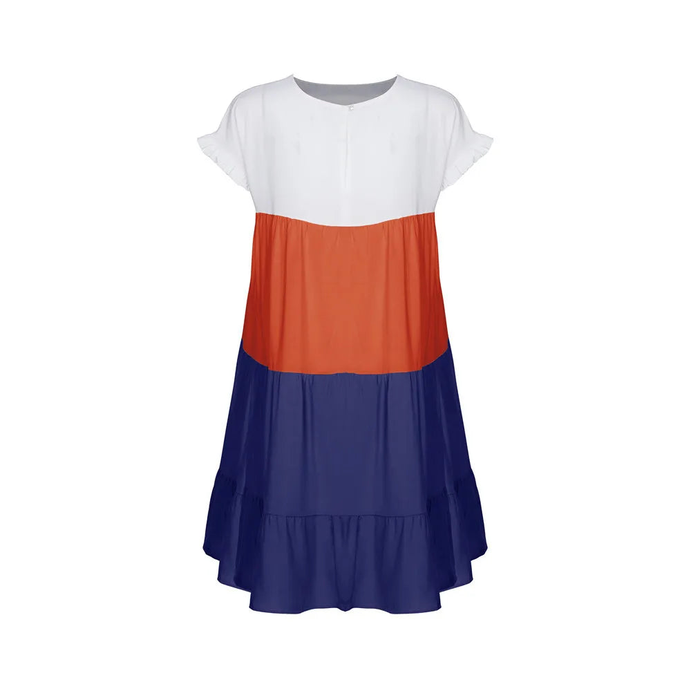 ANSZKTN Spring Summer Pacthwork Hot Selling Color Blocking Short Sleeve Loose Casual Dresses for Women