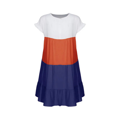 ANSZKTN Spring Summer Pacthwork Hot Selling Color Blocking Short Sleeve Loose Casual Dresses for Women