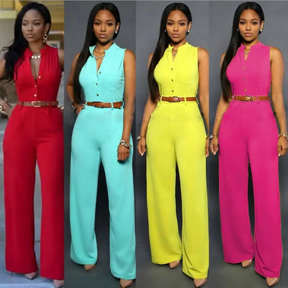 New Single-breasted Sleeveless Lapel High Waist Including Belt Women's Wide-leg Jumpsui