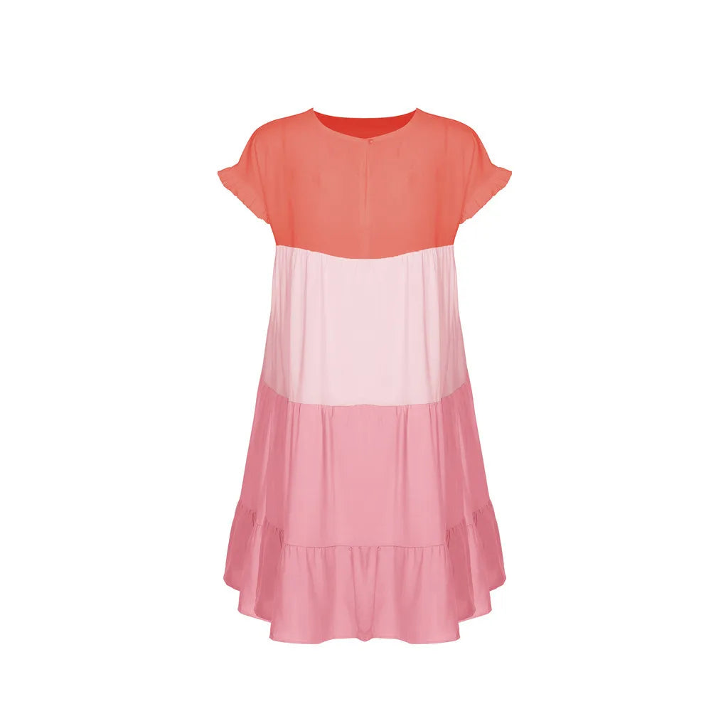 ANSZKTN Spring Summer Pacthwork Hot Selling Color Blocking Short Sleeve Loose Casual Dresses for Women