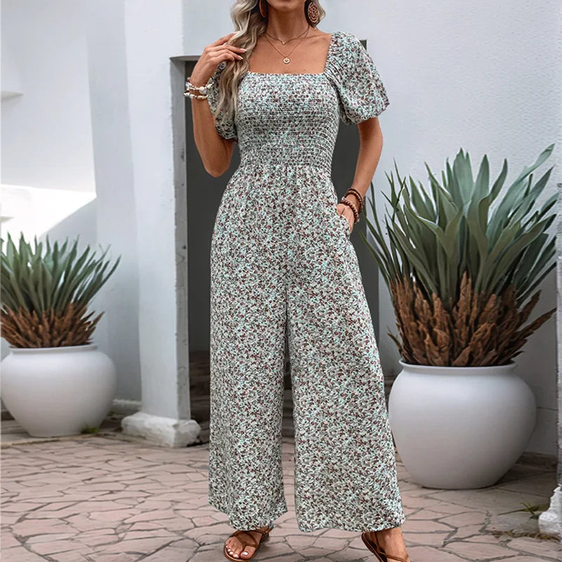 Floral Print Jumpsuit Bubble Sleeves Women's Jumpsuits Playsuits Slim Fit Tight Square Collar Shirring Wide Leg Pants Rompers