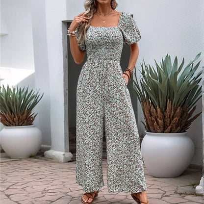 Floral Print Jumpsuit Bubble Sleeves Women's Jumpsuits Playsuits Slim Fit Tight Square Collar Shirring Wide Leg Pants Rompers