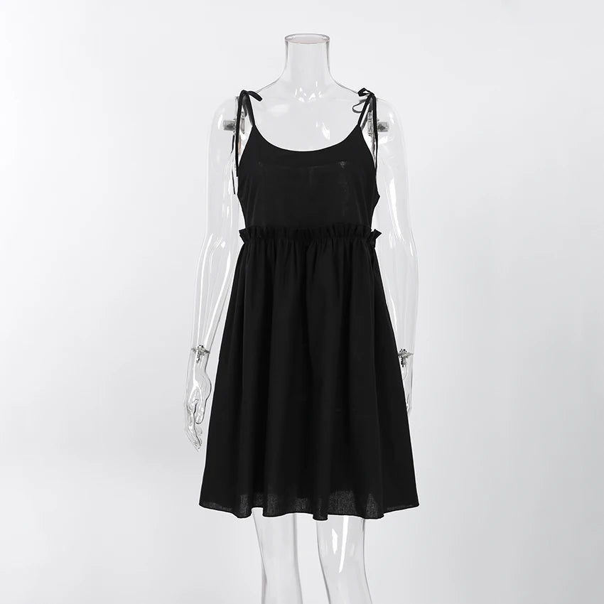 For OOTN 2024 Women's Elegant Khaki Linen Summer Dress Sexy Mini A-Line Ruched Lace-Up Ruffles Spaghetti Strap Loose Fit Solid