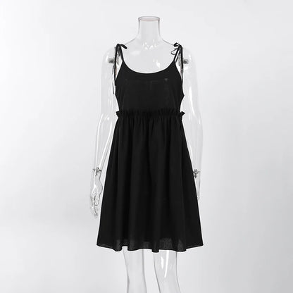 For OOTN 2024 Women's Elegant Khaki Linen Summer Dress Sexy Mini A-Line Ruched Lace-Up Ruffles Spaghetti Strap Loose Fit Solid
