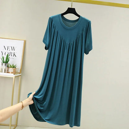 Summer New Women'S Loose Versatile Short-Sleeved Round Neck Nightgown Solid Color Dresses